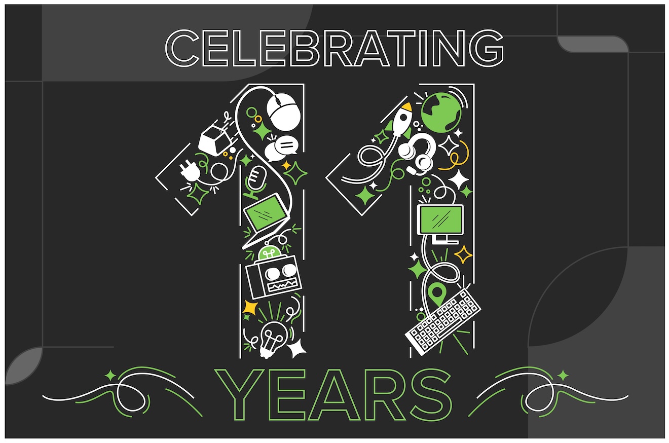 Image reads - celebraating 11 years - inside the number 11 are sketched doodles with items such as keys on keyboards, screens, plugs, headphones ect. 