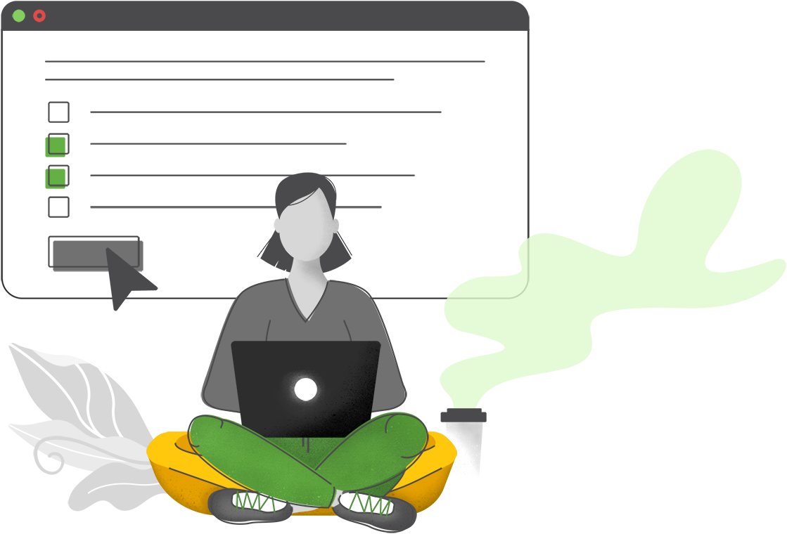 A test taker with shoulder-length hair type on a laptop. Behind them is a browswer window with various items on a list checked, a mouse pointer hovering over a button.